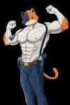  5_fingers abs anthro belt belt_buckle biceps bulge calico_cat claws clothing domestic_cat dot_eyes english_text epic_games felid feline felis fingers fortnite fur gun gun_holster hi_res looking_at_viewer male mammal meowscles_(fortnite) mottled multicolored_body multicolored_fur muscular muscular_anthro muscular_male nipples orange_body orange_fur overalls pecs piebald raised_arms ranged_weapon shirtless simple_background smeargle20 solo tattoo text video_games weapon white_body white_fur 