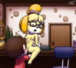  2021 animal_crossing anthro breasts brown_hair canid canine canis chair clothed clothed/nude clothed_male_nude_female clothing cunnilingus desk detailed_background domestic_dog door duo eyewear eyewear_only faceless_character faceless_human faceless_male female female_on_human flower furniture glasses glasses_only hair human human_on_anthro interspecies isabelle_(animal_crossing) male male/female male_on_anthro mammal nintendo nipples nude on_desk one_eye_closed open_mouth oral plant red_clothing red_shirt red_topwear revtilian sex shih_tzu shirt sitting sunflower topwear toy_dog vaginal video_games villager_(animal_crossing) yellow_body 