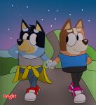  2021 anonymous_artist anthro australian_cattle_dog bandit_(bluey) bluey_(series) bottomwear canid canine canis cattledog chilli_(bluey) clothed clothing digital_media_(artwork) domestic_dog duo eye_contact female footwear fur hand_holding hand_on_head head_tuft herding_dog hill hoodie looking_at_another love male mammal multicolored_body multicolored_fur night pants pastoral_dog road romantic scratching shirt shoes signature star tank_top topwear tuft walking 