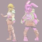  2021 alternate_species anthro blonde_hair boots braided_hair breasts clothing female footwear fur gloves hair handwear humanoid humanoid_pointy_ears humanoid_to_anthro hylian hyrule_warriors lagomorph leporid linkle mammal navel nintendo open_mouth pink_body pink_fur pink_hair rabbit reddishmaroon simple_background slightly_chubby solo species_transformation standing surprise the_legend_of_zelda torn_clothing transformation video_games weight_gain whiskers 