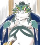  anthro belly black_nose blue_body blue_fur blush cute_fangs felid fur kemono male mammal mind_drive moobs navel overweight overweight_male pantherine raiden_shin&#039;emon sengoku_puzzle solo_focus tiger white_body white_fur 