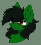  2021 absurd_res airiniblock ambiguous_gender black_hair brown_eyes bust_portrait equid equine fan_character feral fur green_background green_body green_fur green_inner_ear_fluff hair hasbro hi_res horse inner_ear_fluff kendall_wilson_(oc) mammal my_little_pony pony portrait quadruped simple_background solo tuft 
