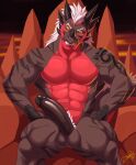  2021 abs anthro balls biceps big_penis black_body black_penis black_scales dragon ear_piercing ear_ring erection facial_spikes fangs feralise front_view genitals hair hi_res horn looking_at_viewer male markings multicolored_body multicolored_scales muscular muscular_anthro muscular_male nude open_mouth open_smile pecs penis piercing pubes quads red_body red_scales reptile scales scalie sharp_teeth sitting smile solo soren_ashe spikes spikes_(anatomy) teeth triceps two_tone_body two_tone_scales white_hair wingless_dragon yellow_eyes 