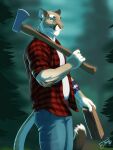  2020 3:4 anthro axe bottomwear clothed clothing cougar elbow_tufts felid feline feralise forest fur green_eyes hi_res holding_axe holding_object male mammal melee_weapon outside pants pattern_clothing pattern_shirt pattern_topwear pinup plaid plaid_clothing plaid_shirt plaid_topwear plant portrait pose shirt solo standing tan_body tan_fur three-quarter_portrait topwear tree weapon whiskers 