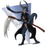  absurd_res alpha_channel angry anthro belt buckle clothing coat dragon female footwear hi_res horn melee_weapon polearm reptile scalie scarf scythe socks solo topwear weapon youmadsin 