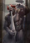  4_eyes 5_fingers 6suan abs anthro armpit_hair body_hair bovid bovine covering covering_crotch demon fingers fur grey_body grey_fur hi_res horn male mammal markings multi_eye muscular muscular_anthro muscular_male muscular_thighs object_in_mouth pecs pubes pupils raised_arm red_eyes shower slit_pupils solo spikes steam teeth thick_thighs towel towel_only wet 