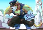  biceps brown_mane bulge chest_tuft clothed clothing felid fur gloves handkerchief handwear hi_res kerchief lion looking_at_viewer male mammal mane mirror muscular muscular_male pantherine pecs police_badge police_hat police_officer shima_shima_tora_no_shimajirou solo tos_tos_f_ski tuft utility_pole whiskers yellow_body yellow_fur 