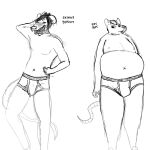 1:1 anthro briefs bulge capra_kid clothing didelphid duo english_text hand_behind_head hanes male mammal marsupial monochrome murid murine navel open_mouth overweight overweight_male rat rodent simple_background sketch skinny_male teeth_showing text tongue tongue_out underwear white_background 