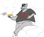  6:5 anthro bowl capra_kid clothing egg english_text food footwear furniture male obese obese_male open_mouth overweight overweight_male scrambled_eggs shirt socks sofa solo steam t-shirt teeth_showing text tongue tongue_out topwear white_clothing white_footwear white_socks 