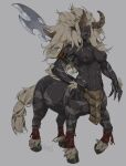  2019 areola blonde_hair breasts claws elbow_tuft female finger_claws fur grey_body grey_fur hair hi_res hooves horn kiguri lynel mane muscular muscular_female nintendo nipples red_eyes scar simple_background solo taur the_legend_of_zelda video_games weapon weapon_on_back 
