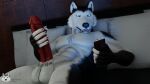  16:9 3d_(artwork) 5_fingers abs anthro balls bed bedroom big_penis black_body black_fur blue_eyes canid canine canis digital_media_(artwork) domestic_dog fingers fur furniture genitals holding_object holding_phone humanoid_genitalia humanoid_penis husky looking_at_object looking_at_phone male mammal masturbation muscular muscular_anthro muscular_male muskyhusky nordic_sled_dog nude open_mouth pecs penis phone pillow red_penis samsung solo spitz teeth tongue white_body white_fur widescreen 