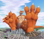  anthro blockman3_(artist) city city_crushing cityscape destruction digitigrade dragon drake_(disambiguation) feet foot_focus hi_res landscape_dwarfing macro male orange_body paws sitting skyscraper smug solo toes vamux 