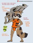 absurd_res anthro dialogue diaper disney guardians_of_the_galaxy gun hi_res infantilism kuuneho looking_at_viewer male mammal marvel onesie procyonid raccoon ranged_weapon rocket_raccoon solo text weapon 