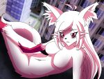  anthro big_breasts breasts building canid canine canis charlie_(nikku_lunatique) claws eyebags featureless_breasts featureless_crotch female fox fur gloves_(marking) hair hi_res inner_ear_fluff leg_markings long_hair looking_at_viewer mammal markings messy_hair nikku_lunatique nude pink_body pink_eyes pink_fur rooftop seductive sitting socks_(marking) solo tuft white_body white_claws white_fur white_hair 