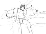  4:3 anthro bed bedroom briefs bulge capra_kid clothed clothing duo furniture hand_on_knee hand_on_leg lying male monochrome simple_background sleeping smoke sound_effects standing tighty_whities topless underwear white_background white_clothing white_underwear zzz 