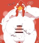  &lt;3 0119_muu 2021 anthro avian balls belly bird blush bodily_fluids censored chicken erection galliform gallus_(genus) genitals hi_res humanoid_genitalia humanoid_penis japanese_text kemono male moobs nipples overweight overweight_male penis phasianid red_background simple_background solo sweat text white_body 