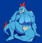  abs anthro anthrofied big_breasts blue_body blue_scales breasts claws crocodilian croxot feet female feraligatr genitals looking_at_viewer muscular muscular_arms muscular_female muscular_legs navel nintendo nipples non-mammal_breasts pok&eacute;mon pok&eacute;mon_(species) pok&eacute;morph pupils pussy reptile scales scalie simple_background sitting slit_pupils smile solo toe_claws toes video_games 