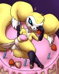  4:5 anthro bandai_namco big_butt blonde_hair breasts butt cake dessert digimon digimon_(species) fan_character female food furball_(artist) genitals hair hi_res hybrid impmon nipples pussy renamon renimpmon renimpmon_x solo 