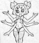  2021 accessory animal_humanoid arachnid arachnid_humanoid arthropod arthropod_humanoid blush bow_tie breasts clothing convenient_censorship covered_breasts crotch_lines fangs female hair_accessory hair_bow hair_ribbon hi_res humanoid itimu legwear monochrome muffet multi_arm multi_eye multi_limb panties ribbons solo spider_humanoid thigh_highs undertale underwear video_games 