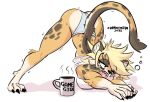  alma_(capaoculta) anthro ass_up bent_over blonde_hair blush breasts butt capaoculta cheetah claws clothing cup felid feline female fur hair mammal one_eye_closed open_mouth panties sharp_teeth simple_background solo spots teeth toe_claws underwear white_background yawn yellow_body yellow_fur 