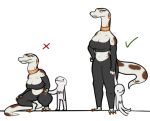  anon anthro breasts brown_spots clothing crouching duo female grey_body grey_skin hand_holding hi_res how_to_talk_to_short_people humor invalid_tag jewelry male meme ncs orange_eyes reptile scalie size_difference sleeves smaller_male snake spots taller_female vranda vranda_(ncs) white_body 