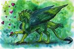  ambiguous_gender avian beak claws feathered_wings feathers feral fur grass green_beak green_body green_claws green_feathers green_fur gryphon mythological_avian mythology natoli paws plant smile solo standing wings 