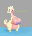  2021 3_toes antennae_(anatomy) anthro areola arm_under_breasts big_breasts breasts curled_tail dialogue dragon english_text eyelashes feet female full-length_portrait glistening glistening_body goodra hi_res huge_breasts long_neck looking_aside multicolored_body navel nebssik nintendo nipples nude overweight overweight_female pink_body pok&eacute;mon pok&eacute;mon_(species) portrait puffy_areola purple_eyes shiny_pok&eacute;mon solo standing text thick_thighs toes two_tone_body video_games yellow_body 