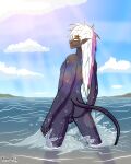  4:5 anthro backsack balls butt cel_shading cloud demon detailed_background frank_fathih genitals hair hi_res humanoid humanoid_pointy_ears kimero_kat lens_flare long_hair long_tail looking_at_viewer male nude sea shaded sky solo water wet wet_body white_hair 