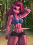  2021 abs anthro aozee athletic athletic_female biped black_bottomwear black_clothing blue_clothing blue_eyes blue_topwear blurred_background bottomwear clothing detailed_background digital_media_(artwork) equid eyebrows eyelashes female fingers friendship_is_magic hair hand_behind_head hasbro looking_at_viewer mammal monotone_body monotone_hair my_little_pony navel outside pink_body pink_hair pinkamena_(mlp) pinkie_pie_(mlp) plant portrait pose shaded soft_shading solo standing three-quarter_portrait topwear tree 