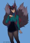  2021 3_tails 5_fingers absurd_res asian_mythology clothing demon digital_media_(artwork) east_asian_mythology female fingers fox_tail hair hi_res horn humanoid inner_ear_fluff japanese_mythology leggings legwear multi_tail mythology not_furry oni oniiyanna solo sweater topwear tuft yōkai 