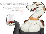  alcohol anthro beverage breasts brown_spots cleavage clothed clothing dialogue english_text eyelashes fangs female freckles grey_body grey_skin hi_res humor jewelry ncs orange_eyes reptile scalie simple_background snake solo spots talking_to_another talking_to_partner talking_to_viewer text vranda vranda_(ncs) white_background wine wine_glass 