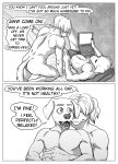  2021 absurd_res anthro anthro_on_anthro beastars bed bird_dog border bulge butt canid canine canis clothing collot_(beastars) comic computer dialogue domestic_dog duo english_text ffog furniture greyscale herding_dog hi_res hunting_dog inside jack_(beastars) labrador laptop lying male male/male mammal monochrome multiple_scenes navel nude old_english_sheepdog on_back on_bed pastoral_dog pillow reach_around retriever sheepdog text underwear white_border 