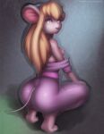  anthro butt chip_&#039;n_dale_rescue_rangers clothing crouching digital_media_(artwork) digital_painting_(artwork) disney eyebrows eyelashes female gadget_hackwrench glistening glistening_body glistening_clothing lucreteer mammal mouse murid murine open_mouth pinup pose rodent shaded simple_background soft_shading solo 