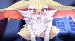  ambiguous_gender anthro black_body black_fur blush braixen canid canine chest_tuft fur indarkwaters inner_ear_fluff inside looking_at_viewer mammal nintendo orange_eyes pok&eacute;mon pok&eacute;mon_(species) red_body red_eyes red_fur smile smiling_at_viewer solo tuft video_games white_body white_fur window 