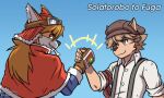  anthro bone canid canine canis cape clothing crossover cyberconnect2 domestic_dog duo english_text eyewear fuga:_melodies_of_steel gesture goggles handshake hat headgear headwear little_tail_bronx male malt_marzipan mammal raxkiyamato red_savarin solatorobo suspenders text video_games 