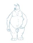  2019 anthro balls belly bravo canid canine canis domestic_dog genitals hi_res humanoid_hands male mammal moobs navel nipples overweight overweight_male penis sam_sheepdog simple_background sketch solo warner_brothers white_background 
