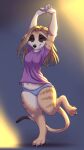  2021 4_toes 5_fingers 9:16 anthro arms_above_head blue_clothing blue_panties blue_underwear breasts claws clothed clothing digital_media_(artwork) eyes_closed feet female fingers herpestid mammal meerkat panties pawpads paws smile solo tasanko toe_claws toes underwear 