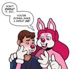  2017 alpha_channel anthro assimilation blackshirtboy brown_hair clothing dialogue duo english_text female gloves hair handwear human lagomorph leporid male mammal mid_transformation pink_body rabbit red_eyes red_hair simple_background smile text toonification transformation transparent_background white_clothing white_gloves white_handwear 