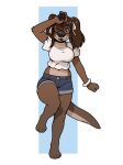  anthro black_nose blackshirtboy blackshirtboy_(character) bottomwear breasts brown_body brown_hair clothing eyewear female glasses hair lips looking_at_viewer lutrine mammal mustelid navel on_one_leg one_eye_closed shirt shorts simple_background smile solo standing topwear 