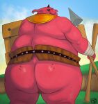  2021 belly big_butt biped blin_(tloz) butt hi_res humanoid_hands male moblin nintendo outside overweight overweight_male shield shield_moblin skyward_sword solo the_legend_of_zelda trashtoonz video_games weapon 