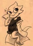  alphys anthro blush clothed clothing coat eyewear female glasses lab_coat lizard looking_aside overbite reptile scalie shirt simple_background solo soulcentinel sparkles spot_color tan_background text text_on_clothing text_on_shirt text_on_topwear topwear undertale video_games 