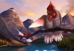  2021 avian bird cloud day detailed_background duo feathers feral hi_res light lighting mountain orange_body orange_feathers outside relaxable relaxablefur shaded signature sky water white_body white_feathers 