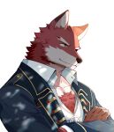  anthro body_hair canid canine chest_hair chest_tuft clothing diederich_olsen_(knights_college) dxmdwq764027 fur hi_res knights_college male mammal mature_male muscular muscular_anthro muscular_male red_body red_fur solo teacher tuft uniform video_games visual_novel 