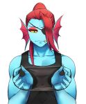  animal_humanoid athletic athletic_female athletic_humanoid blue_body clothing eye_patch eyewear fangs female fin fish fish_humanoid hair head_fin hi_res humanoid marine marine_humanoid nails panties red_hair shirt simple_background solo tank_top topwear torotale undertale underwear undyne video_games white_background yellow_eyes 