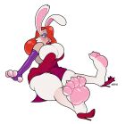  2018 alternate_species big_breasts blackshirtboy blush breasts disney female fur hi_res human human_to_anthro jessica_rabbit lagomorph leporid lipstick makeup mammal mid_transformation open_mouth pawpads rabbit red_high_heels red_lipstick simple_background sitting solo species_transformation surprise transformation white_background white_body white_fur who_framed_roger_rabbit 