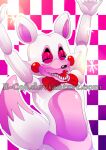  2016 animatronic anthro bow_tie canid canine crossgender digital_media_(artwork) dipstick_tail distracting_watermark e-c98 eyelashes eyes_closed female five_nights_at_freddy&#039;s five_nights_at_freddy&#039;s_2 fox glistening glistening_body happy hi_res lipstick machine makeup mammal mangle_(fnaf) multicolored_body multicolored_tail open_mouth open_smile raised_arm red_cheeks robot sharp_teeth simple_background smile solo teeth video_games watermark white_body 
