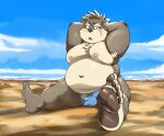  absurd_res anthro armpit_hair beach belly blush body_hair canid canine canis clothing domestic_dog embarrassed hi_res inushishigami looking_at_viewer male mammal moobs moritaka navel nipples overweight pawpads pecs pochitachita raised_arms scar seaside solo speedo swimwear tokyo_afterschool_summoners video_games 