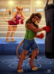  2021 4_toes anthro anthrofied barefoot bottomwear boxing_gloves breasts brother brother_and_sister brown_body brown_fur brown_mane cleavage clothed clothing digital_media_(artwork) digitigrade disney dolphydolphiana duo eye_scar facial_scar feet felid female fighting_ring fur handwear hindpaw kovu lion looking_at_another looking_back male mammal mane open_mouth open_smile pantherine paws punch punching_bag scar shirt shorts sibling signature sister smile standing tan_body tan_fur tank_top the_lion_king toes topwear vitani whiskers 