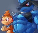  2021 abs absurd_res anthro big_muscles big_pecs blush bodily_fluids chimchar duo emanata flexing flustered girl_staring_at_man&#039;s_chest grey_background hi_res looking_away looking_down male meme muscular muscular_anthro muscular_male musk nintendo obliques pecs pok&eacute;mon pok&eacute;mon_(species) pok&eacute;mon_mystery_dungeon riolu simple_background sweat sweatdrop vein veiny_muscles video_games waddledox 