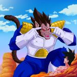  2021 5_fingers abs anthro armor beaten black_hair clothed clothing cloud desert detailed_background dragon_ball dragon_ball_z duo fangs fingers gloves goku hair handwear hi_res human humor invincible_(tv_series) lying lying_on_ground male mammal meme mikelopez on_back oozaru open_mouth outside primate red_eyes saiyan signature think_mark_think! vegeta white_clothing white_gloves white_handwear 
